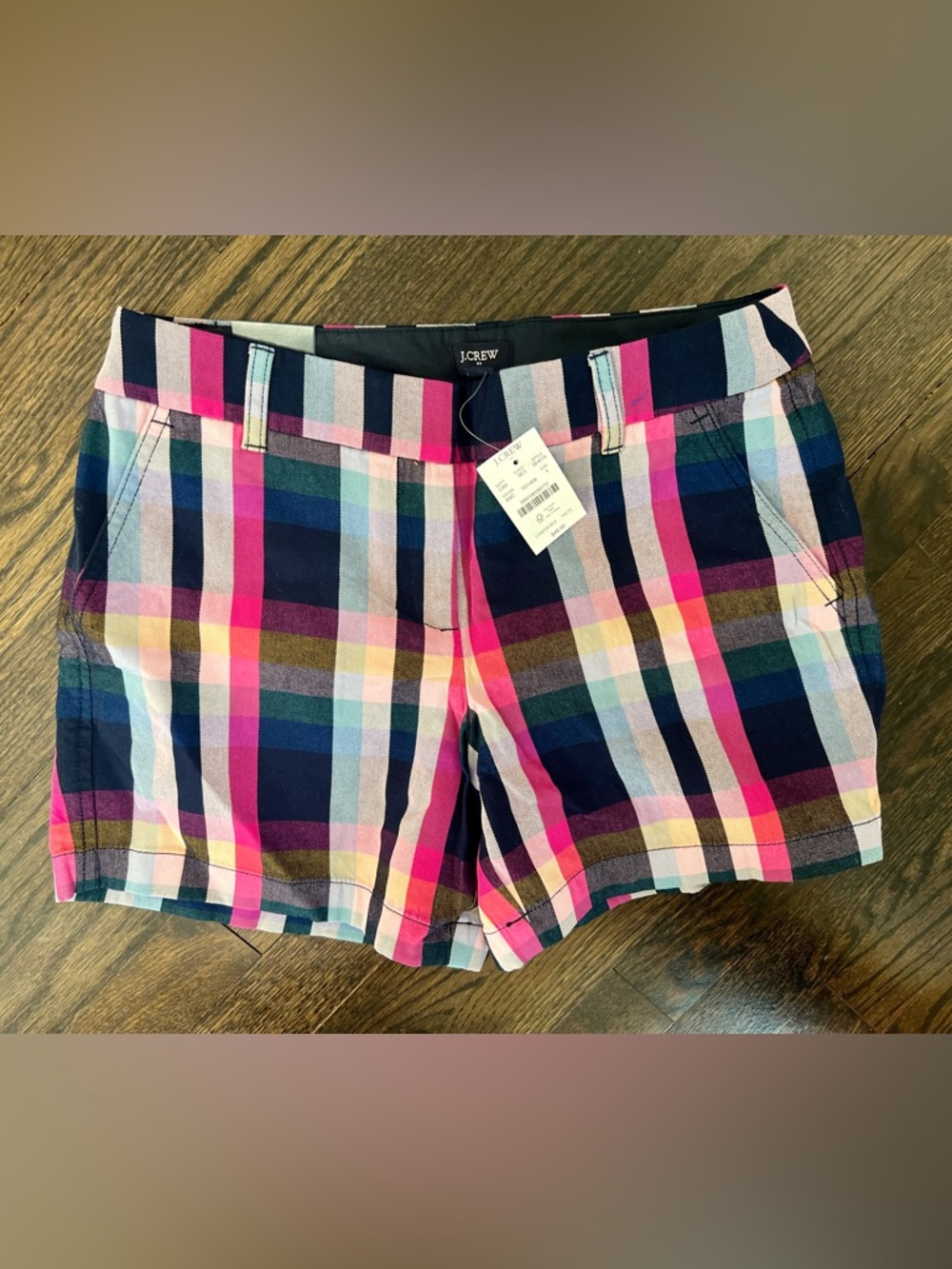 NWT J. Crew Sz 4 Multicolor Plaid Cotton Bermuda Shorts — Navy, Pink, Yellow